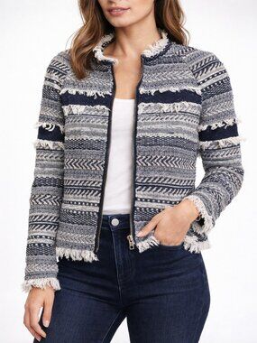 Club Monaco Navy White Herringbone Tweed Fringe Jacket Size 00